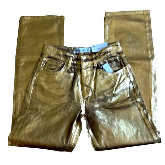 STRADIVARIUS Straight Fit Pants Jeans Coated In Gold Color Cotton Size 2. - Picture 5 of 8